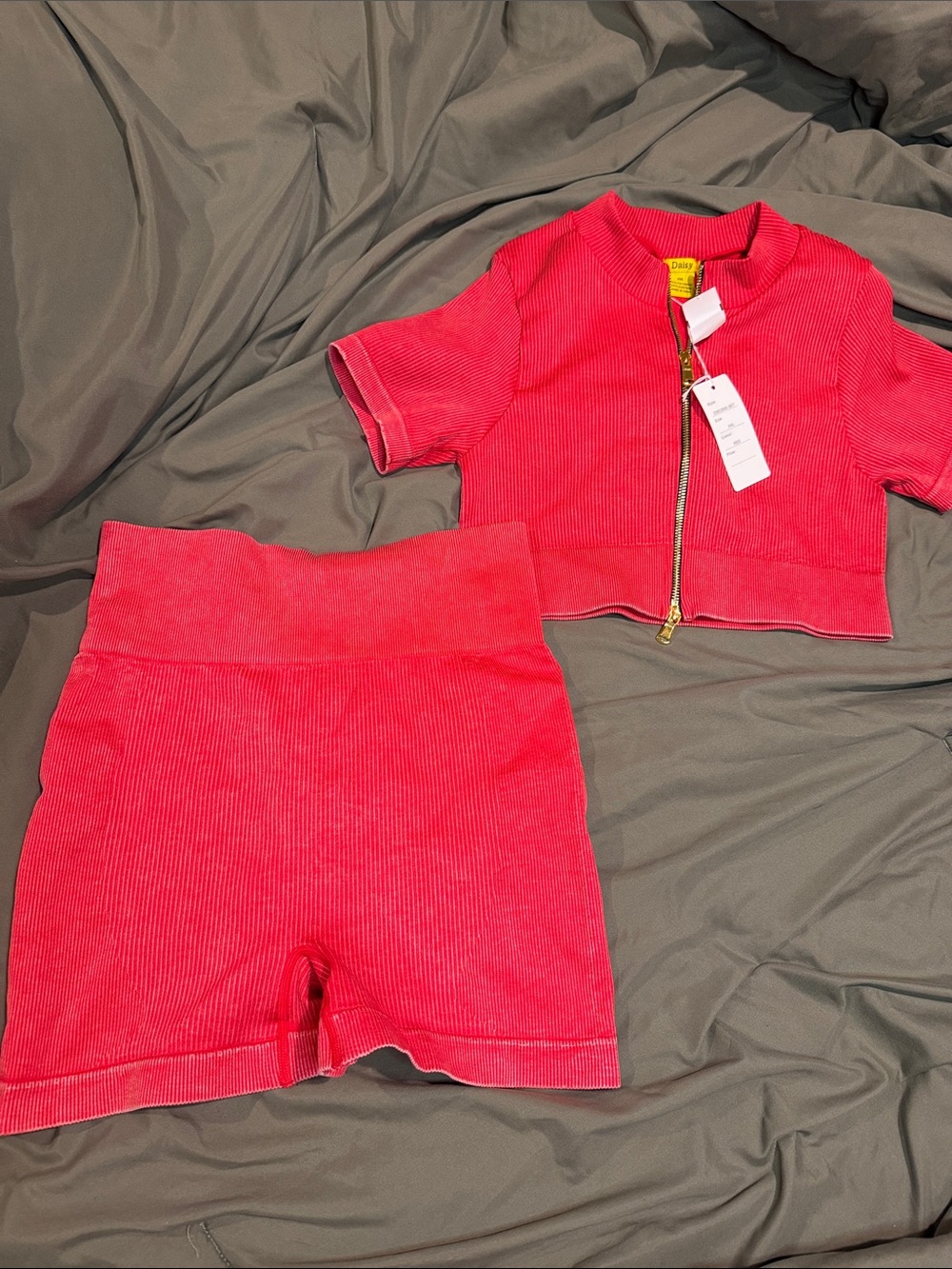 Daisy Ribbed Bike Shorts and Cropped Zip Top in Bright Pink